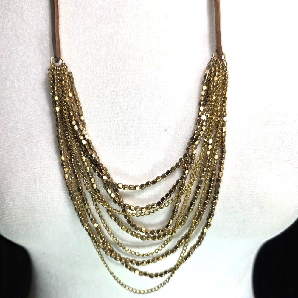 Multilayer Gold tone Chain Necklace Faux Leather Strap neutral womens jewelry